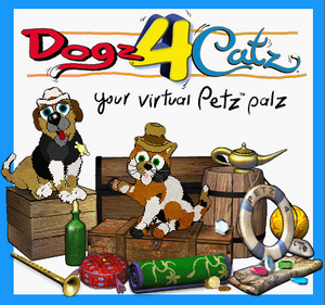 A dog and a cat from Petz 4 sit on top of a pile of treasure underneath the Catz 4 and Dogz 4 combined logo.