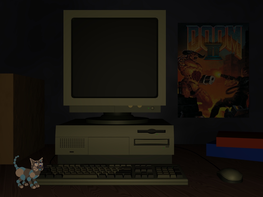 a 3D rendered image of an old desktop computer on a wooden table. there is also a cardboard box and a couple of books on the table. there is a poster for the game Doom 2 on the wall behind the computer. the scene is dimly lit. Zane is on the desk looking at the computer. He is toy-sized.