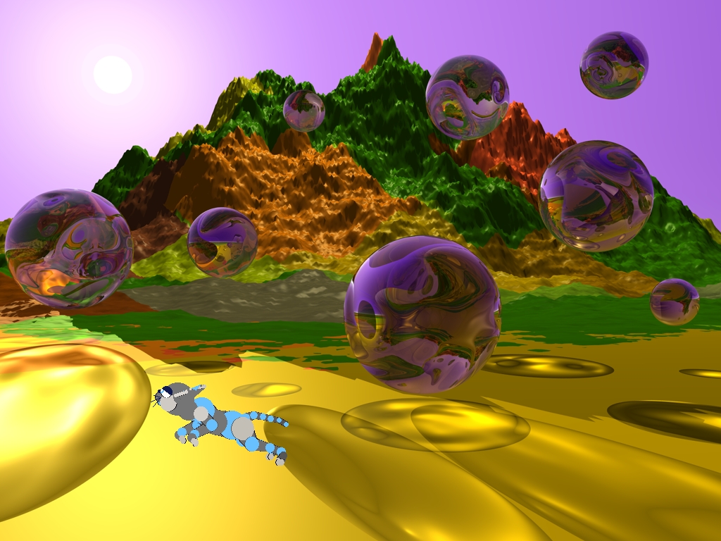 Zane is running around at the base of a multicoloured mountain. there are floating bubbles of purpleish water.