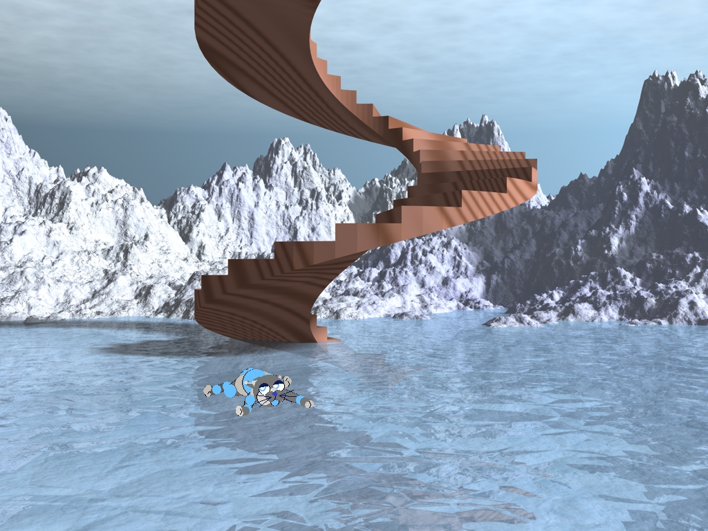 Zane is sliding around on an icy lake in the center of the snowcapped mountaintop. there is a wooden staircase going from under the lake into the sky.