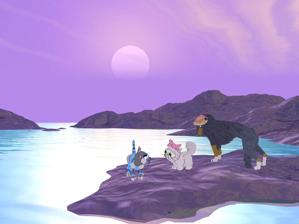 Zane is standing on a small purple island, in an archipelago of small purple islands. the water is a vibrant shade of blue, and the sky is lavender. Dishware the chinchilla Persian and Bygu the borzoi are looking at him, as though in conversation.