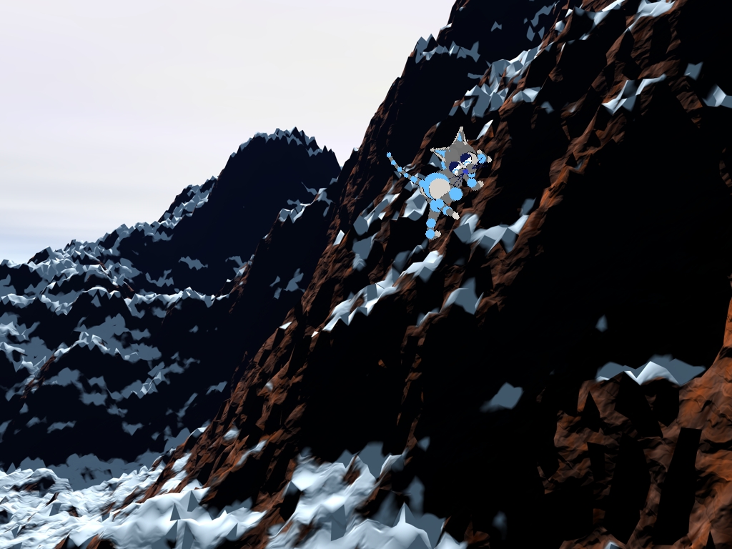 Zane is scaling the side of the mountain. there is snow gathering.