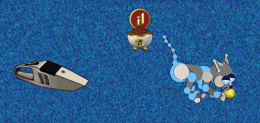 A screenshot from the game Petz 4. Zane is playing with a yellow tennis ball. nearby, there is a music box and a hand vacuum.
