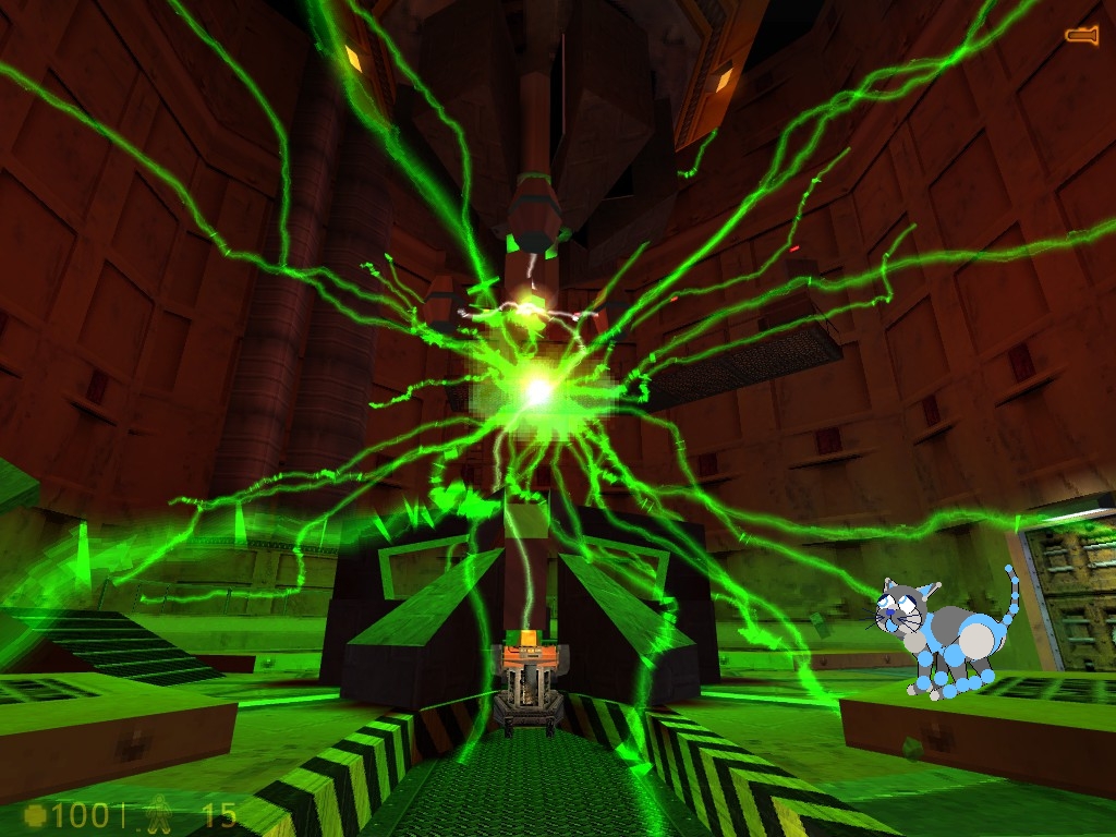 a screenshot of the video game Half Life 1. there is a large device in the middle of the room emitting green lightning. Zane is watching the machine fearfully.