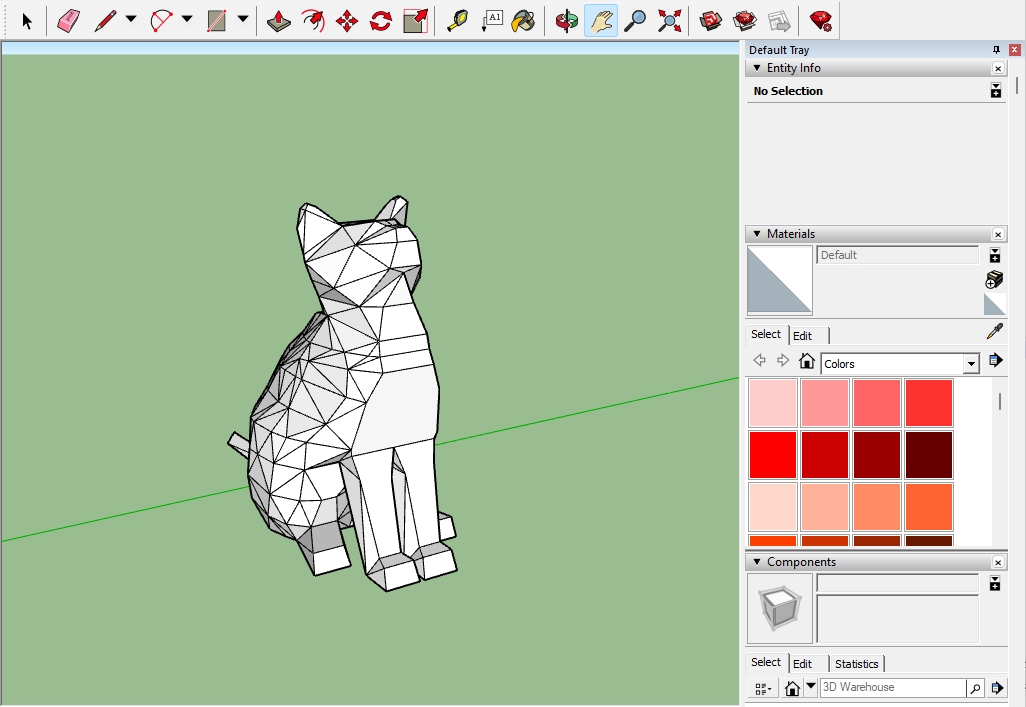 a screenshot of  a polygynal model of a cat made in Sketchup Make 2017.