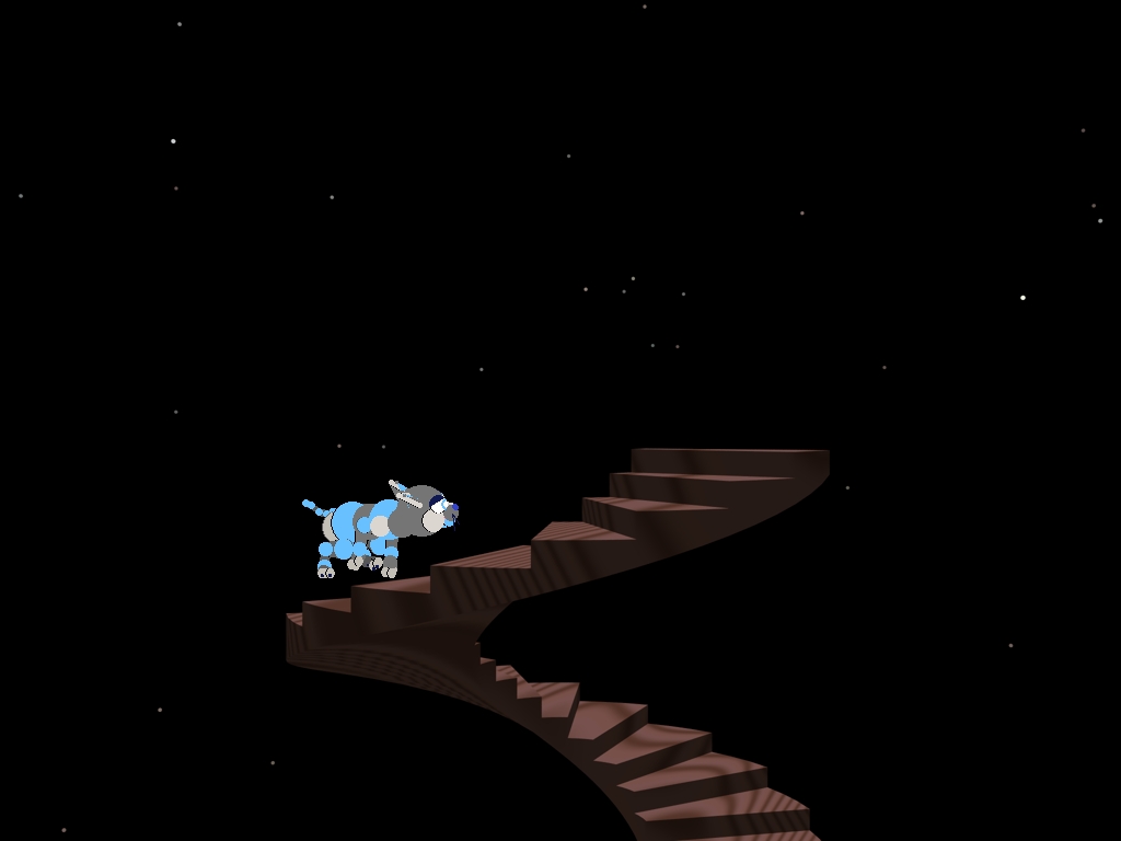 Zane is at the top of the staircase. the sky is black and speckled with stars.