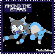 a stamp featuring Zane floating among stars with the text 'among the stars' in one corner.