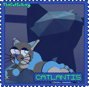 a stamp featuring Zane swimming by the head of the cat sculpture with the text 'catlantis' in one corner.