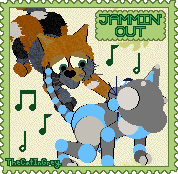 a stamp featuring Topline and Zane dancing with the text 'jammin out' in one corner.