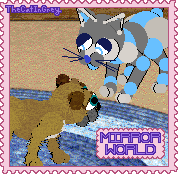 a stamp featuring Buddy and Zane with the text 'mirror world' in one corner.