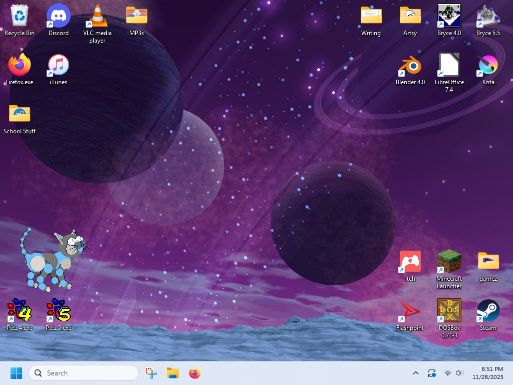 a screenshot of a computer desktop. Zane the cat is in one corner, near the icons for the games Petz 4 and Petz 5. he is looking at some art programs, including Bryce 4 and Bryce 5.5, across the desktop.