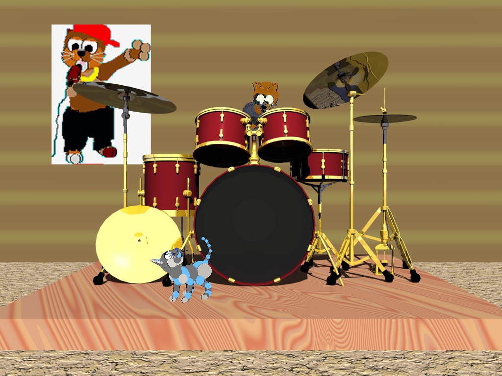 Zane is standing on a stage, at the foot of a gigantic drumset. Topline, a black, orange, and blue calico, is sitting at the drumset.