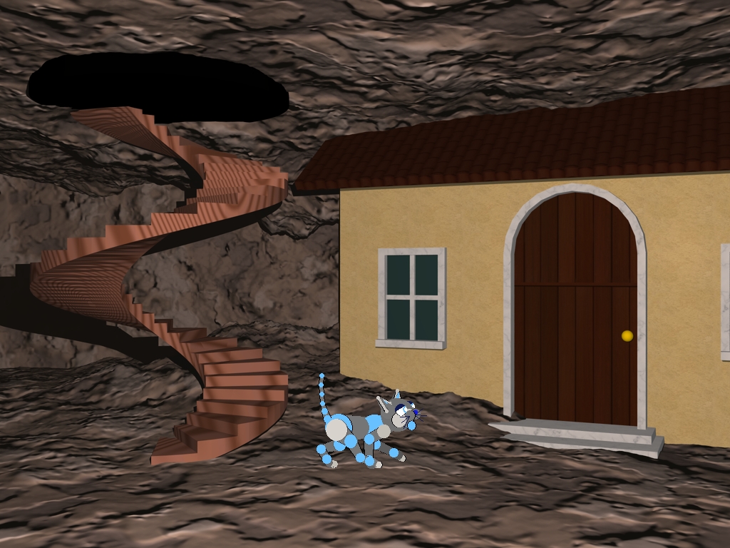 Zane is in a cave. there is a staircase leading into the cave ceiling on the left. there is a house on the right.