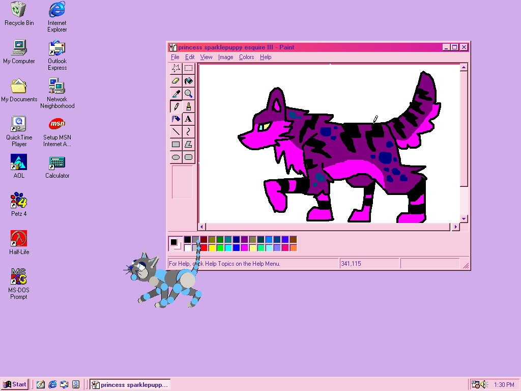 a screenshot of the desktop of a computer running the Windows 98 operating system. there are several programs, including the games Petz 4 and Half Life 1. MS Paint is open, showing a drawing of a wolf with neon pink fur. Zane is walking across the desktop.