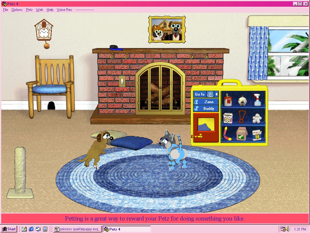 a screenshot Petz 4 running in Windows 98. Zane is looking at a puppy named Buddy, who is looking back at him confused.