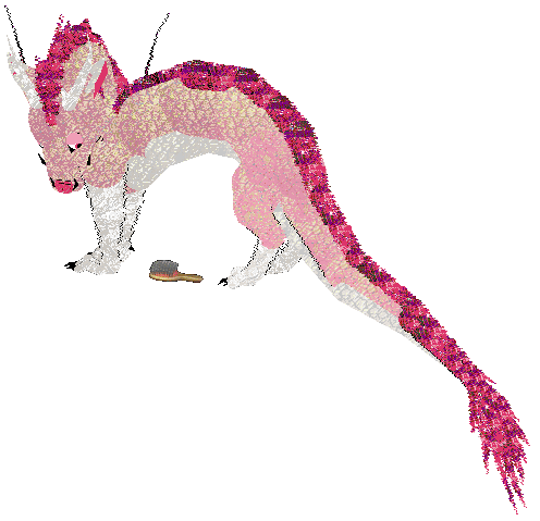 Bonzai the pink dragon looking forlornly at a wooden brush