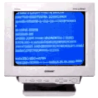 a CRT computer displaying illegible blue text on a darker blue background
