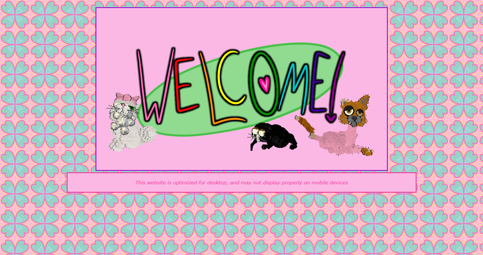 A screenshot of Maniacal Menagerie in its Clover Field theme. The site is more complex, with a pink color scheme and a tiled background of four-leaf clovers.