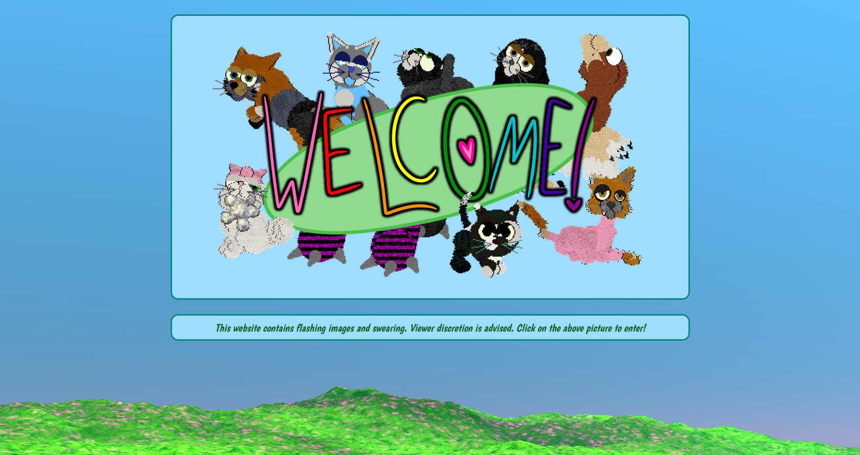 A screenshot of Maniacal Menagerie in its Open Skies theme. The site has a light blue color scheme with pink and purple accents, and a 3D rendered image of a mountain covered in pink flowers for a background.