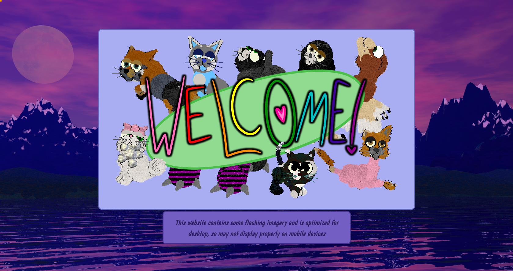 A screenshot of Maniacal Menagerie in its Purple Lake theme. The site is even more complex, with a purple color scheme and a 3D rendered image of a lake for a background.