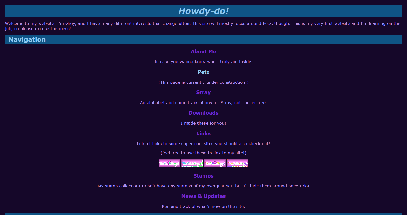 A screenshot of Maniacal Menagerie in its Twilight theme. The site is very simple and has a dark purple color scheme.