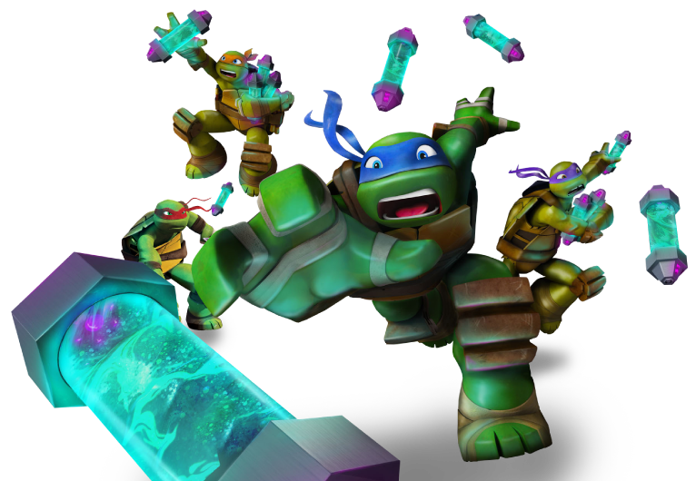 Raph, Mikey, Leo, and Donnie from the 2012 TMNT cartoon run around grabbing mutagen canisters.