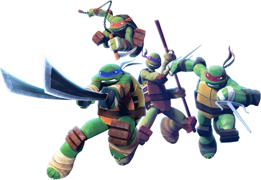 The four turtles weild their weapons.