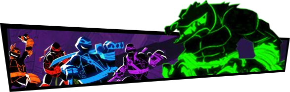 The four turtles and Leatherhead are drawn in pure black with one neon accent colour each.