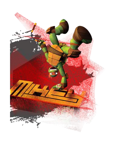 Mikey brandishes his nunchaku.